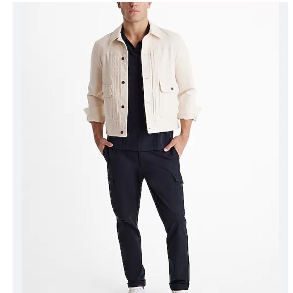 Express Textured Cotton Johnny Collar Polo Jacket Men’s Beige Size XS